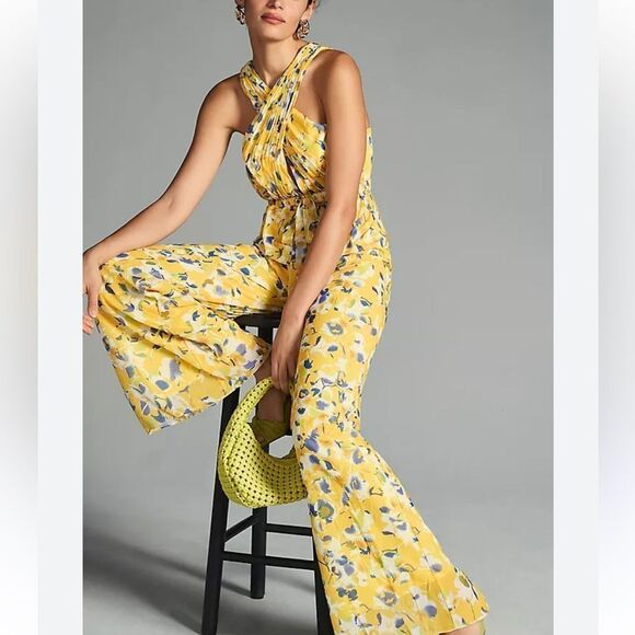NWT Mac Duggal Ieena Yellow Crossed Halter Tie Waist Jumpsuit floral print Sz 6 - Picture 8 of 15